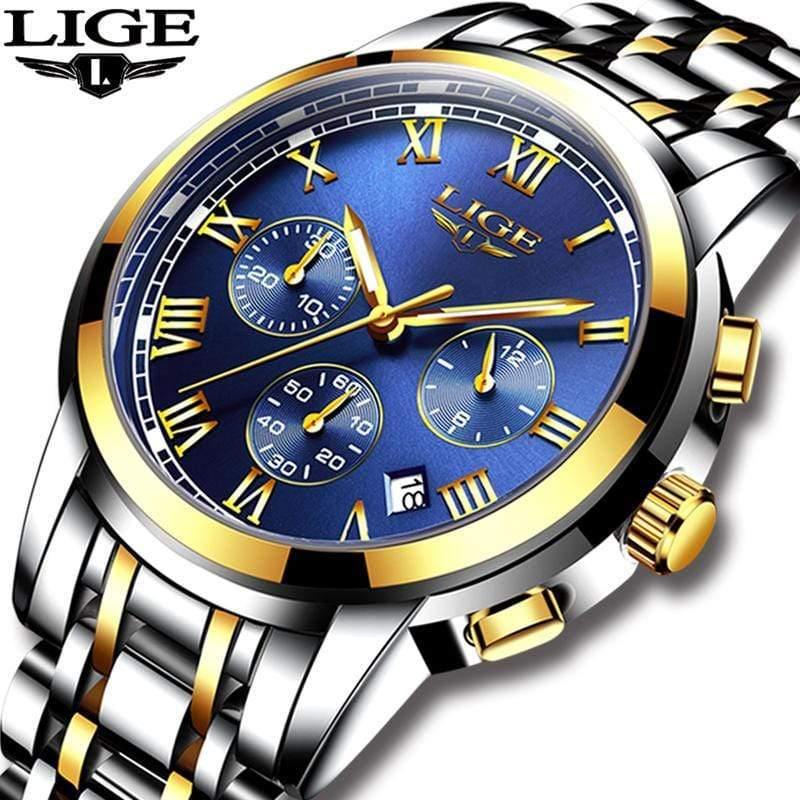 Planet Gates silver blue steel Watches Men Luxury Brand LIGE Chronograph Men Sports Watches Waterproof Full Steel Quartz Men's Watch Relogio Masculino