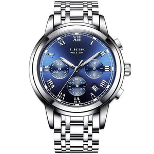 Planet Gates silver blue steel Watches Men Luxury Brand LIGE Chronograph Men Sports Watches Waterproof Full Steel Quartz Men's Watch Relogio Masculino