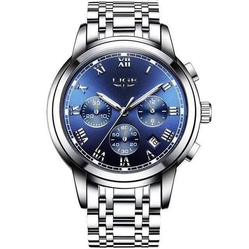Planet Gates silver blue steel Watches Men Luxury Brand LIGE Chronograph Men Sports Watches Waterproof Full Steel Quartz Men's Watch Relogio Masculino
