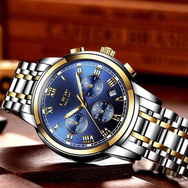 Planet Gates silver blue steel Watches Men Luxury Brand LIGE Chronograph Men Sports Watches Waterproof Full Steel Quartz Men's Watch Relogio Masculino