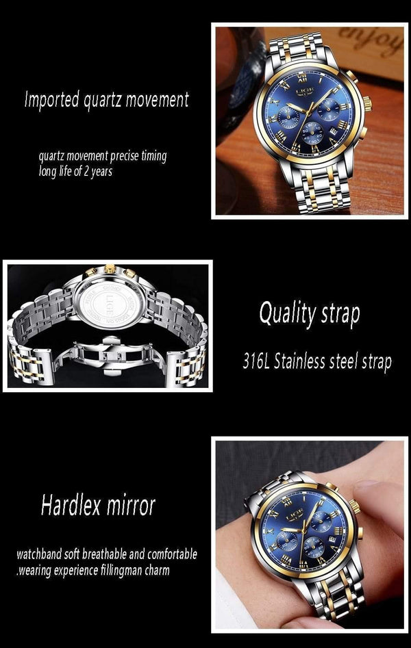 Planet Gates silver blue steel Watches Men Luxury Brand LIGE Chronograph Men Sports Watches Waterproof Full Steel Quartz Men's Watch Relogio Masculino