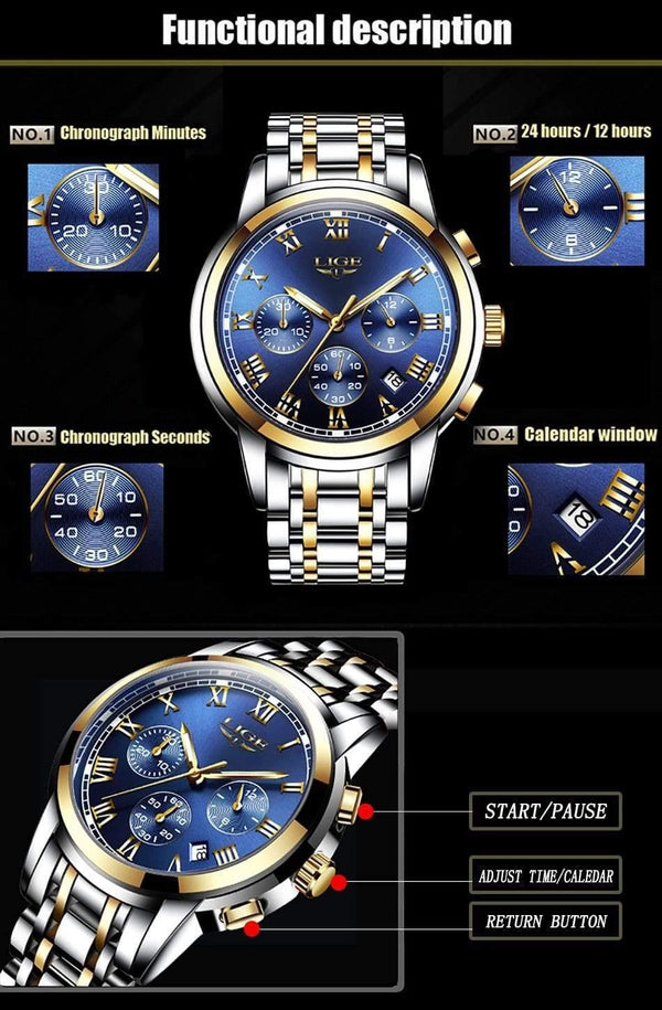 Planet Gates silver blue steel Watches Men Luxury Brand LIGE Chronograph Men Sports Watches Waterproof Full Steel Quartz Men's Watch Relogio Masculino