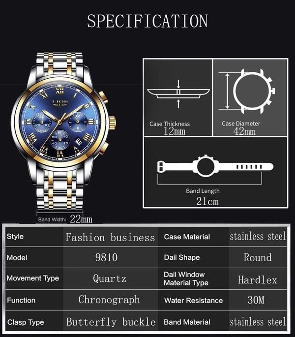Planet Gates silver blue steel Watches Men Luxury Brand LIGE Chronograph Men Sports Watches Waterproof Full Steel Quartz Men's Watch Relogio Masculino