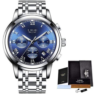 Planet Gates silver blue steel Watches Men Sports Waterproof Date Analogue Quartz Men's Watches Chronograph Business Watches For Men Relogio Masculino+Box