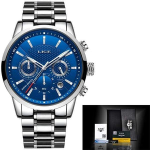Planet Gates silver blue Watch Men Fashion Sport Quartz Clock Mens Watches Brand Luxury Full Steel Business Waterproof Watch Relogio Masculino