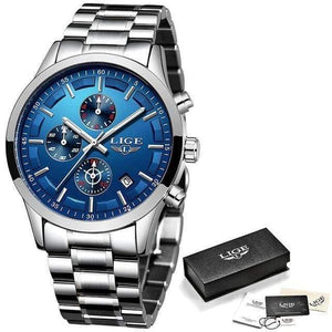 Planet Gates Silver Blue Watch Men Top Brand Luxury Chronograph Male Sport Watch Quartz Clock Stainless Steel Waterproof Men Watch Relogio Masculino