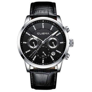 Planet Gates Silver CUENA Men's Watches Stopwatch Date Luminous Hands Genuine Leather 30M Waterproof Clock Man Quartz Watches Men Fashion Watch 2018