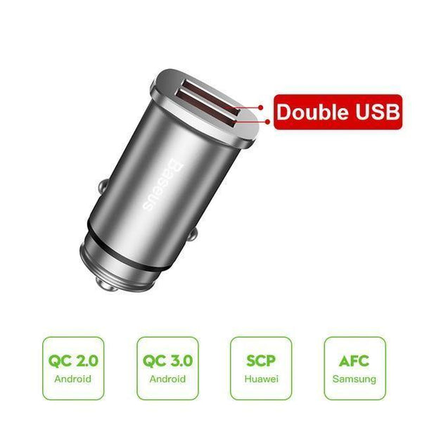 Planet Gates Silver Dual USB Baseus 30W Dual USB C PD Quick Charge QC 4.0 Car Charger For Mobile Phone Charger Fast USB PD Type C AFC SCP Car Phone Charger