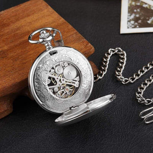 Planet Gates Silver Engraved Silver Case Mechanical Pocket Watch Double Flip Cover Skeleton Steampunk Pendent Necklace Clock Fob Watches