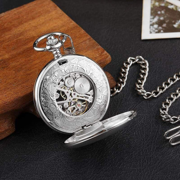Planet Gates Silver Engraved Silver Case Mechanical Pocket Watch Double Flip Cover Skeleton Steampunk Pendent Necklace Clock Fob Watches