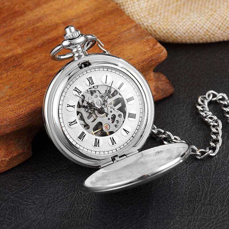 Planet Gates Silver Engraved Silver Case Mechanical Pocket Watch Double Flip Cover Skeleton Steampunk Pendent Necklace Clock Fob Watches