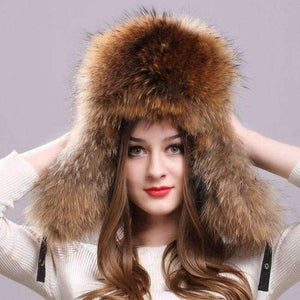 Planet Gates Silver Fox Fur Winter Women's Hats with Genuine Leather Tops Real Raccoon Fur Bomber Hat with Ear Flaps Winter Warm Russian Caps