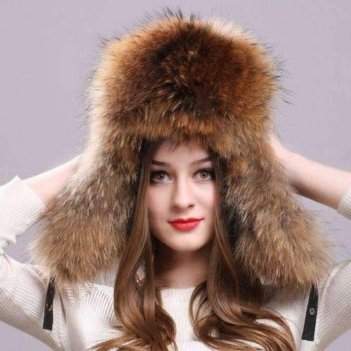 Planet Gates Silver Fox Fur Winter Women's Hats with Genuine Leather Tops Real Raccoon Fur Bomber Hat with Ear Flaps Winter Warm Russian Caps