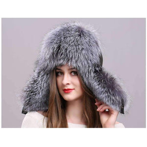 Planet Gates Silver Fox Fur Winter Women's Hats with Genuine Leather Tops Real Raccoon Fur Bomber Hat with Ear Flaps Winter Warm Russian Caps