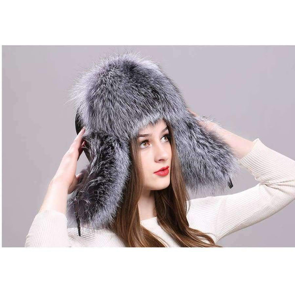 Planet Gates Silver Fox Fur Winter Women's Hats with Genuine Leather Tops Real Raccoon Fur Bomber Hat with Ear Flaps Winter Warm Russian Caps