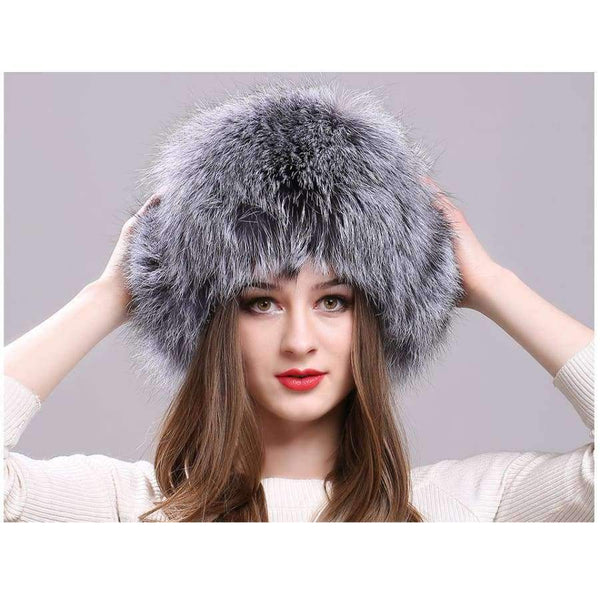 Planet Gates Silver Fox Fur Winter Women's Hats with Genuine Leather Tops Real Raccoon Fur Bomber Hat with Ear Flaps Winter Warm Russian Caps
