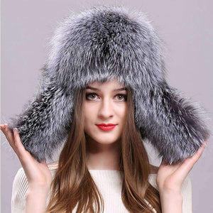 Planet Gates Silver Fox Fur Winter Women's Hats with Genuine Leather Tops Real Raccoon Fur Bomber Hat with Ear Flaps Winter Warm Russian Caps