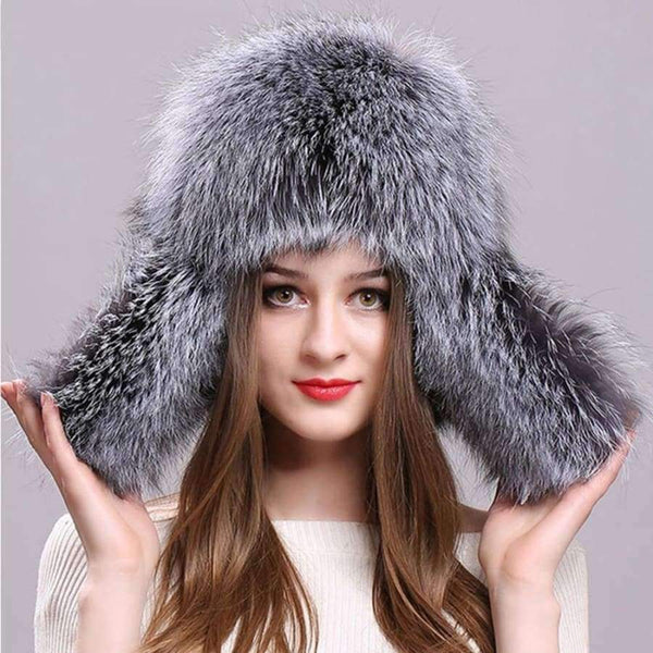 Planet Gates Silver Fox Fur Winter Women's Hats with Genuine Leather Tops Real Raccoon Fur Bomber Hat with Ear Flaps Winter Warm Russian Caps