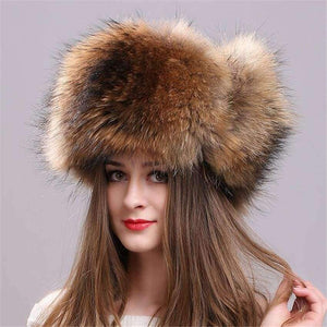 Planet Gates Silver Fox Fur Winter Women's Hats with Genuine Leather Tops Real Raccoon Fur Bomber Hat with Ear Flaps Winter Warm Russian Caps