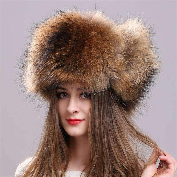 Planet Gates Silver Fox Fur Winter Women's Hats with Genuine Leather Tops Real Raccoon Fur Bomber Hat with Ear Flaps Winter Warm Russian Caps