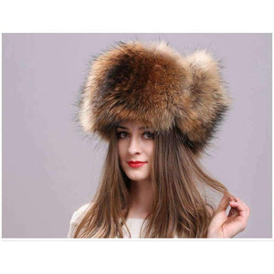 Planet Gates Silver Fox Fur Winter Women's Hats with Genuine Leather Tops Real Raccoon Fur Bomber Hat with Ear Flaps Winter Warm Russian Caps