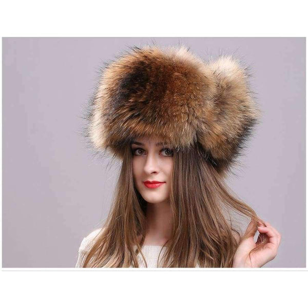 Planet Gates Silver Fox Fur Winter Women's Hats with Genuine Leather Tops Real Raccoon Fur Bomber Hat with Ear Flaps Winter Warm Russian Caps