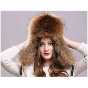 Planet Gates Silver Fox Fur Winter Women's Hats with Genuine Leather Tops Real Raccoon Fur Bomber Hat with Ear Flaps Winter Warm Russian Caps