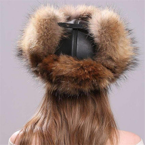 Planet Gates Silver Fox Fur Winter Women's Hats with Genuine Leather Tops Real Raccoon Fur Bomber Hat with Ear Flaps Winter Warm Russian Caps