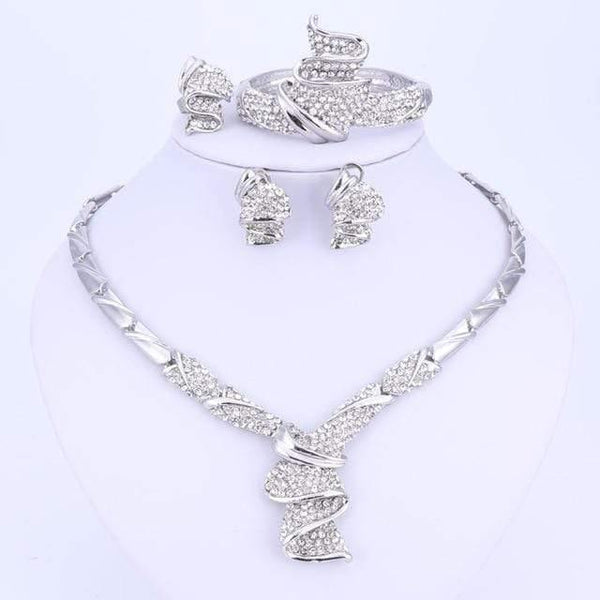 Planet Gates silver Gold Color Alloy Rhinestone Wedding Jewelry Sets Necklace Bracelet Ring Earrings For Women Bridal