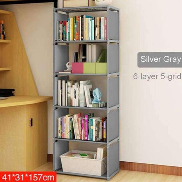 Planet Gates Silver Gray(6-layer) Simple Non-woven Home Interior Decoration single row Assembly Stainless Steel Bookshelf Standing fashion Books Storage Furniture