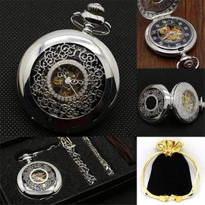 Planet Gates Silver Hollow Flower Mechanical Pocket Watch Set Luxury Pendant Watch for Men Men with Pocket & Necklace Chain Pouch Bag