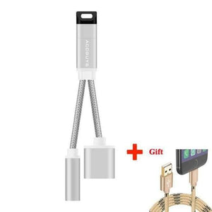 Planet Gates silver iPhone X/8 Plus IOS 11 Audio Adapter 3.5mm Headphone Jack Lighting Music Charge AUX Cable Splitter w USB Cable Gift