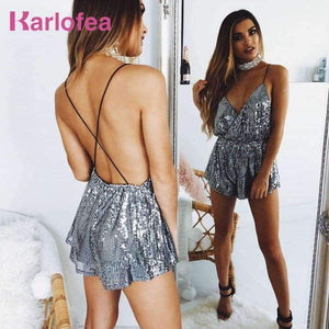 Planet Gates Silver / L New Sequin Strap Playsuit V-neck Sexy Club Party Rompers Sleeveless Backless 2018 Silver Summer Birthday Short Jumpsuit