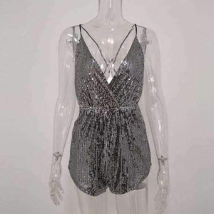 Planet Gates Silver / L New Sequin Strap Playsuit V-neck Sexy Club Party Rompers Sleeveless Backless 2018 Silver Summer Birthday Short Jumpsuit