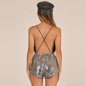 Planet Gates Silver / L New Sequin Strap Playsuit V-neck Sexy Club Party Rompers Sleeveless Backless 2018 Silver Summer Birthday Short Jumpsuit