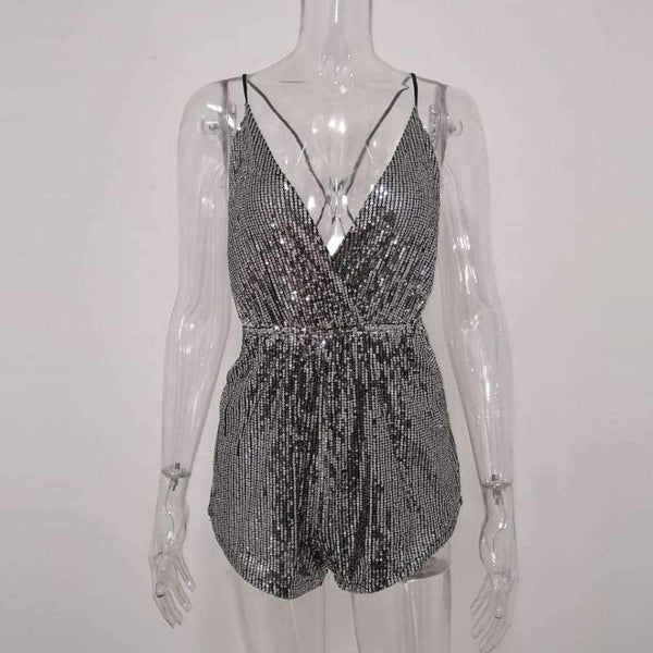 Planet Gates Silver / L New Sequin Strap Playsuit V-neck Sexy Club Party Rompers Sleeveless Backless 2018 Silver Summer Birthday Short Jumpsuit