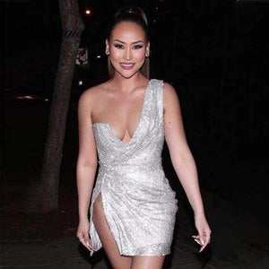 Planet Gates Silver / L One Shoulder Strapless Split Mini Beach Dress Sequin Swimwear Women Sexy Dresses Bodycon Elegant Party Dress 2018