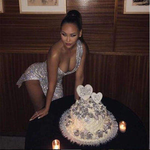 Planet Gates Silver / L One Shoulder Strapless Split Mini Beach Dress Sequin Swimwear Women Sexy Dresses Bodycon Elegant Party Dress 2018