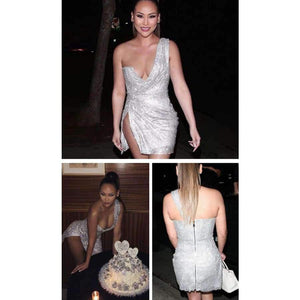 Planet Gates Silver / L One Shoulder Strapless Split Mini Beach Dress Sequin Swimwear Women Sexy Dresses Bodycon Elegant Party Dress 2018