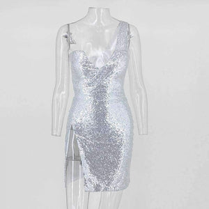 Planet Gates Silver / L One Shoulder Strapless Split Mini Beach Dress Sequin Swimwear Women Sexy Dresses Bodycon Elegant Party Dress 2018