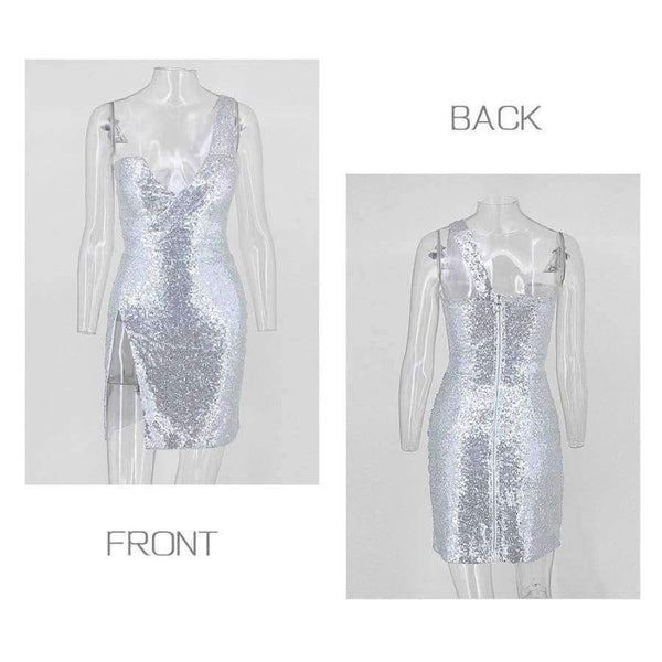Planet Gates Silver / L One Shoulder Strapless Split Mini Beach Dress Sequin Swimwear Women Sexy Dresses Bodycon Elegant Party Dress 2018