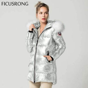 Planet Gates Silver / L White Fur Collar Coat Winter Jacket Women Long Down Parkas Female Warm Hooded Jacket Coat Silver Gray 2018 New FICUSRONG