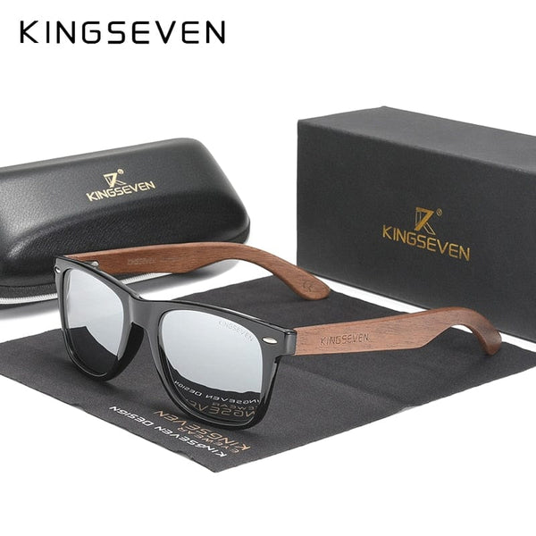 Planet Gates Silver Leather case / China / Original Polarized KINGSEVEN New Black Walnut Sunglasses Wood Polarized Sunglasses Men's Glasses Handmade UV400 Protection Eyewear Retro Wooden Box