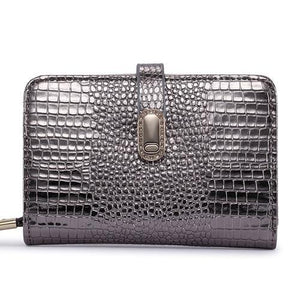 Planet Gates Silver Leather Women Wallets Crocodile Pattern Small Wallet Magnetic Buckle Cowhide Women Purse With Zipper Short