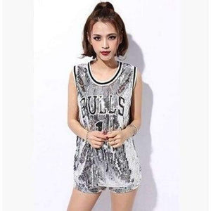 Planet Gates Silver / One Size Female singer Sexy costume silver Red sequins dance wear bar dj clothes Top stage costumes women singer hip hop costume