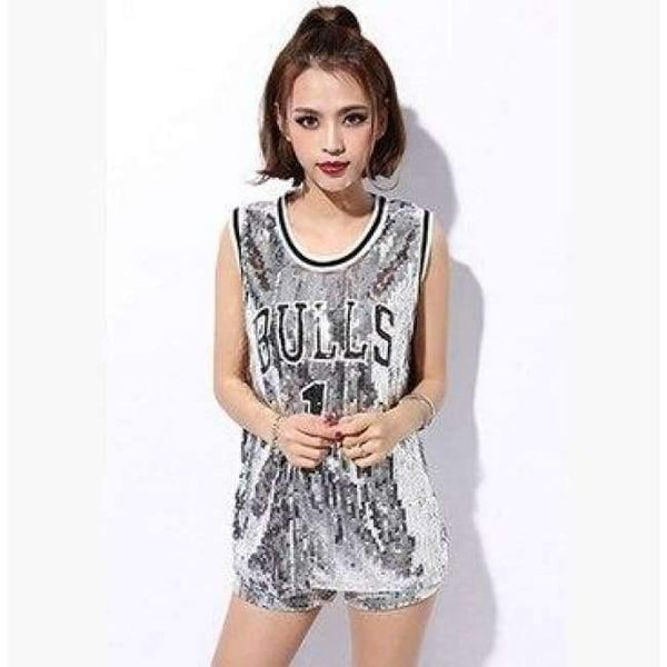 Planet Gates Silver / One Size Female singer Sexy costume silver Red sequins dance wear bar dj clothes Top stage costumes women singer hip hop costume