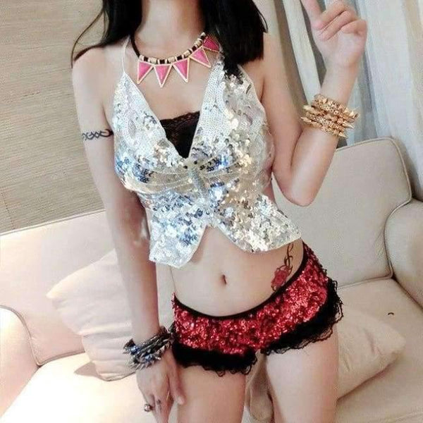 Planet Gates Silver / One Size Sexy Nigthclub DS Stage Dance Costume Sexy Exotic Backless Bandage Bra Women Sequin Jazz Dancewear Costume Top