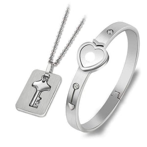 Planet Gates Silver Plated Lovers Jewelry Love Heart Lock Bracelet Stainless Steel Bracelets Bangles Key Pendant Necklace Jewelry Dropshipping