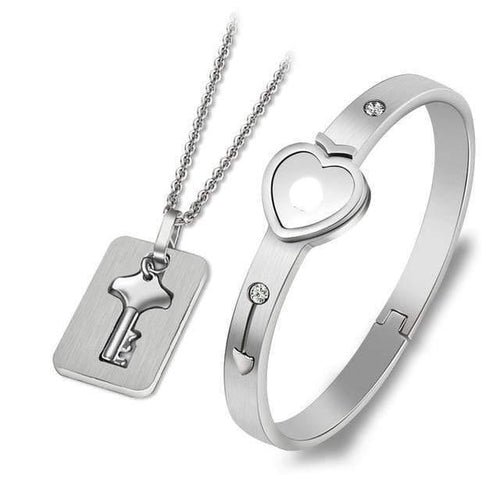 Planet Gates Silver Plated Lovers Jewelry Love Heart Lock Bracelet Stainless Steel Bracelets Bangles Key Pendant Necklace Jewelry Dropshipping