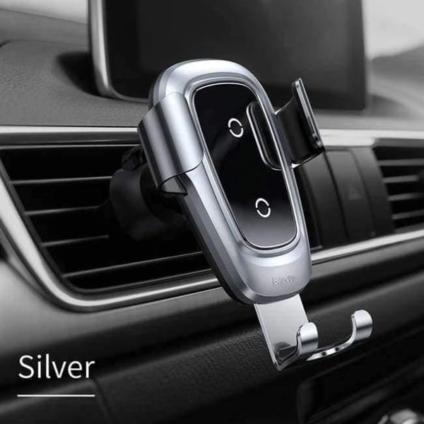 Planet Gates Silver Qi Wireless Charger Car Holder for iPhone XS Max XR Samsung S9 Mobile Phone Holder Stand Air Vent Mount Car Phone Holder